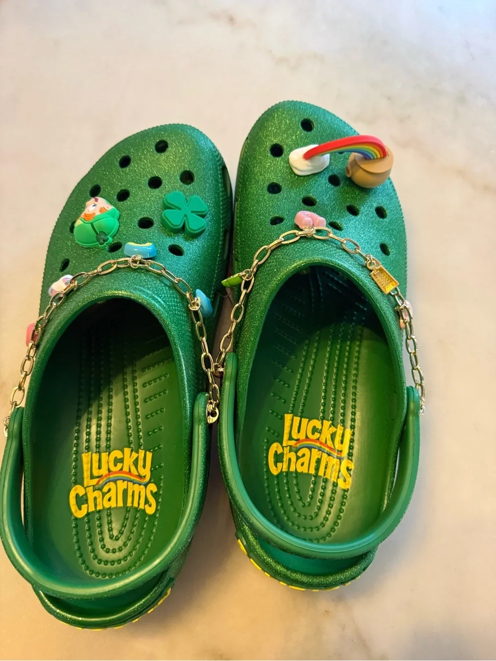 CROCS Men's Green Glitter Clogs with Charm Chain